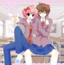  1boy 1girl 2000s_(style) :d ahoge androgynous anger_vein arm_around_shoulder blazer blue_eyes blue_pants blue_skirt blush bow brown_hair brown_jacket brown_sweater_vest classroom closed_eyes collared_shirt commentary cosplay costume_switch crossdressing crossdressing_(ftm) crossdressing_(mtf) crossed_arms desk doki_doki_literature_club doki_doki_literature_club_school_uniform embarrassed english_commentary english_text faux_retro_artstyle hair_bow highres indoors jacket jelly_(bonnybel) neck_ribbon necktie on_desk pants pink_hair pleated_skirt pointing pointing_at_viewer procreate_(medium) protagonist_(doki_doki_literature_club) red_bow red_necktie red_ribbon ribbon sayori_(doki_doki_literature_club) school_uniform shirt shoes short_hair sitting skirt smile socks sweater_vest u_u white_shirt white_shoes white_socks 