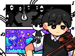  1girl 2boys arms_up ayam_bulan black_eyes black_hair black_shoes black_sweater_vest blush bow_(music) bright_pupils brother_and_sister chibi closed_mouth collared_shirt colored_skin commentary double-parted_bangs dual_persona expressionless hair_between_eyes highres holding holding_bow_(music) holding_instrument holding_violin instrument light_bulb long_hair looking_at_another male_focus mari_(headspace)_(omori) mari_(omori) mini_person miniboy multiple_boys musical_note musical_staff neckerchief omori omori_(omori) picnic_basket playing_violin pleated_skirt purple_hair purple_sweater_vest red_neckerchief red_skirt shirt shoes short_sleeves siblings skirt smile something_(omori) sunny_(omori) sweater_vest tree untranslatable_commentary violin white_pupils white_shirt white_skin 