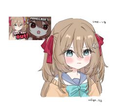  1girl angry aqua_bow aqua_bowtie aqua_eyes blue_sailor_collar blush bow bowtie brown_hair cardigan closed_mouth cropped_shoulders derivative_work english_text evil_neuro-sama hair_between_eyes hair_ornament hair_ribbon half-closed_eyes heart heart_hair_ornament highres long_hair mfuyu_123 minecraft neuro-sama off-shoulder_cardigan pout red_ribbon reference_inset ribbon sailor_collar screenshot_redraw simple_background twitter_username two_side_up v-shaped_eyebrows vedal_ai virtual_youtuber white_background yellow_cardigan 