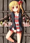  alternate_costume blonde_hair blush bow casual contemporary dress flandre_scarlet hair_bow hood hooded_jacket ominaeshi_(takenoko) open_clothes open_jacket red_eyes side_ponytail solo striped striped_dress touhou wings 