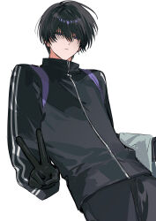  1boy absurdres atakigiri_(touken_ranbu) black_hair black_jacket black_pants closed_mouth cowboy_shot dutch_angle expressionless hair_over_eyes half-closed_eyes highres jacket keita_kg85 long_bangs looking_at_viewer male_focus pants popped_collar short_hair simple_background solo touken_ranbu track_jacket v violet_eyes white_background wind zipper_pull_tab 