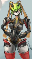  1girl bandaid bandaid_on_cheek bandaid_on_face black_sclera colored_sclera colored_skin commentary earrings english_commentary gold_earrings green_eyes green_pupils highres hoop_earrings humanoid_robot jewelry joints mechanical_ears metal_hair metal_skin multicolored_skin recinerateart robot robot_girl robot_joints thighs two-tone_skin vesper_(zenless_zone_zero) zenless_zone_zero 
