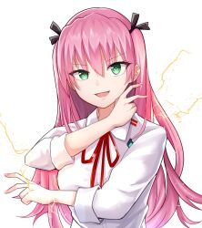  1girl :d aikawa_megumi black_ribbon border breasts collared_shirt commentary double_v dress_shirt electricity electrokinesis eyelashes eyes_visible_through_hair fingernails green_eyes hair_between_eyes hair_ribbon hands_up heaven_burns_red highres long_hair long_sleeves looking_at_viewer neck_ribbon open_mouth outside_border pink_hair red_ribbon ribbon rrtp shirt simple_background smile smug solo tsurime two_side_up upper_body v v-shaped_eyebrows very_long_hair white_background white_border white_shirt 