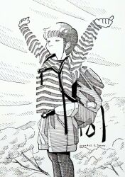  1girl arms_up artist_name backpack bag closed_eyes closed_mouth commentary_request crosshatching dated feet_out_of_frame greyscale hatching_(texture) linear_hatching monochrome original outdoors pantyhose pantyhose_under_shorts shirt short_hair shorts sky smile solo standing stretching striped_clothes striped_shirt traditional_media tree zpihr6jprso2r2l 
