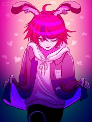  1boy ahoge animal_ears black_pants black_streaks commentary_request curtsey fake_animal_ears glowing glowing_eye grey_jacket heart highres hood hoodie jacket jacket_over_hoodie long_sleeves looking_at_viewer majohope multicolored_hair one_eye_closed open_mouth pants rabbit_ears red_hair smile solo streaked_hair sumino_takumi the_hundred_line_-last_defense_academy- white_hoodie 