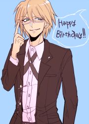  1boy blonde_hair blue_background blue_eyes commentary_request cowboy_shot danganronpa:_trigger_happy_havoc danganronpa_(series) glasses looking_to_the_side miya_(myasg) short_hair smile smug solo togami_byakuya tuxedo 