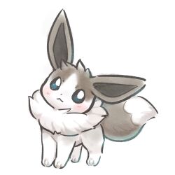  :< alternate_color alternate_shiny_pokemon animal_focus blue_eyes blush bright_pupils brown_fur closed_mouth eevee fluffy full_body highres looking_at_viewer lovewolf5122 neck_fur no_humans pokemon pokemon_(creature) pokemon_focus simple_background solo standing white_background white_fur white_pupils 