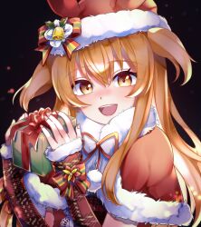  1girl absurdres animal_ears blush box capelet christmas commentary_request dress ear_covers fur-trimmed_capelet fur-trimmed_dress fur-trimmed_gloves fur_trim gift gift_box gloves hat hat_ornament highres holly_hat_ornament horse_ears horse_girl long_hair looking_at_viewer mayano_top_gun_(party_formation)_(umamusume) mayano_top_gun_(umamusume) official_alternate_costume om_rm1101 open_mouth orange_hair plaid_clothes plaid_gloves red_capelet red_dress red_gloves santa_costume santa_dress santa_hat smile solo teeth two_side_up umamusume upper_body upper_teeth_only 