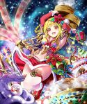  1girl :d armpits arms_up blonde_hair box breasts cake cleavage dumpling food gift gift_box lifting long_hair looking_at_viewer navel official_art open_mouth original red_eyes shingoku_no_valhalla_gate sho_(runatic_moon) smile solo steam 