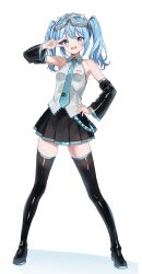  1girl absurdres aqua_necktie arahashi_tabi armpits bare_shoulders black_boots black_skirt black_sleeves blue_eyes blue_hair boots breasts collared_shirt commentary_request cosplay detached_sleeves full_body goggles goggles_on_head grey_shirt hand_on_own_hip hatsune_miku hatsune_miku_(cosplay) highres i.f.s.f necktie open_mouth pleated_skirt shirt simple_background skirt sleeveless sleeveless_shirt small_breasts solo stellive thigh_boots twintails v virtual_youtuber vocaloid white_background zettai_ryouiki 