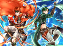  2boys aplche book commentary_request fire_emblem fire_emblem:_radiant_dawn green_hair holding holding_book holding_knife holding_weapon knife male_focus multiple_boys navel official_alternate_costume red_eyes red_hair short_hair smile sothe_(dawning_zephyr)_(fire_emblem) sothe_(fire_emblem) throwing_knife tormod_(fire_emblem) weapon yellow_eyes 
