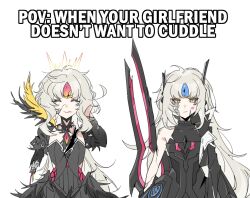  2girls ^_^ android armored_bodysuit armored_skirt bare_shoulders black_bodysuit black_dress bodysuit closed_eyes code:_antithese_(elsword) code:_ultimate_(elsword) collarbone cracked_skin crown damaged dress eirlys_els elsword empty_eyes english_text eve_(elsword) expressionless feather_trim hair_ornament hands_in_own_hair head_ornament highres jacket jellyfish_cut lipstick lipstick_mark lipstick_mark_on_face long_hair makeup multiple_girls parted_bangs puffy_sleeves scratches selfcest severed_limb single_bare_arm smeared_lipstick smile torn_clothes torn_jacket weapon weapon_on_back white_background wire yellow_eyes yuri 