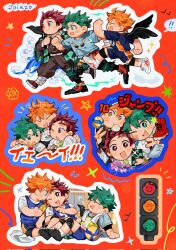  3boys ball black_hair blush boku_no_hero_academia bottle checkered_haori closed_mouth commentary demon_slayer_uniform earrings freckles green_eyes green_necktie haikyuu!! haori highres hinata_shouyou jacket japanese_clothes jewelry joikzo kamado_tanjirou kimetsu_gakuen kimetsu_no_yaiba midoriya_izuku multiple_boys necktie open_mouth orange_eyes orange_hair pants red_necktie scar scar_on_face scar_on_forehead school_uniform shirt short_hair shorts smile spiky_hair sportswear towel towel_around_neck traffic_light u.a._school_uniform untranslatable_commentary volleyball_(object) volleyball_uniform water_bottle white_shirt 