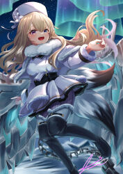  1girl absurdres aurora azur_lane belt black_belt black_boots blonde_hair boots breasts coat dress full_body fur-trimmed_boots fur-trimmed_collar fur-trimmed_dress fur-trimmed_sleeves fur_hat fur_trim hand_up hat heterochromia highres long_hair long_sleeves looking_at_viewer murmansk_(azur_lane) open_mouth pantyhose papakha pink_eyes small_breasts smile solo teeth upper_teeth_only violet_eyes white_dress white_hat winter_clothes winter_coat yam_(yam6056) 