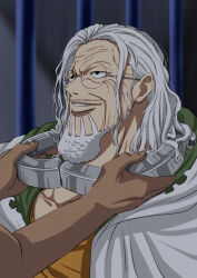  1boy beard cape collarbone commentary_request cuffs facial_hair highres long_hair looking_at_another male_focus mature_male musasabiop mustache_stubble old old_man one_piece orange_shirt parted_lips prison round_eyewear scar scar_across_eye scar_on_face shackles shirt silvers_rayleigh solo_focus stubble upper_body white_cape 