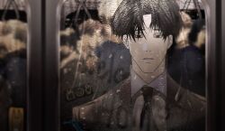  black_hair blurry blurry_background door facing_viewer glass_door got_dropped_into_a_ghost_story_still_gotta_work gwechul highres jeboksun looking_at_viewer male_focus multiple_boys multiple_girls night rain short_hair subway suit train water_drop window 