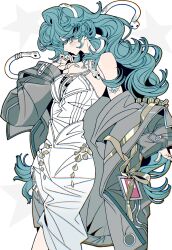  1girl bare_shoulders blue_hair coat cowboy_shot dress green_eyes grey_coat hand_up highres hissabeth id_card long_hair off_shoulder open_clothes open_coat pencil_dress profile reverse:1999 short_dress snake snake_on_head solo strapless strapless_dress very_long_hair white_background white_dress xjgfhvg 