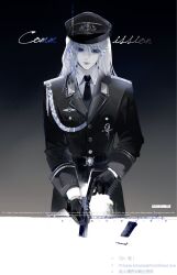  1girl black_necktie collared_shirt commentary_request cowboy_shot expressionless gun hat highres iamthekingofegg long_sleeves military_hat military_uniform necktie path_to_nowhere shirt solo suppressor weapon white_hair white_shirt 