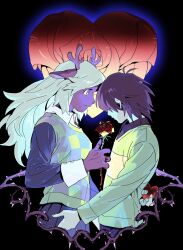  1girl 1other absurdres antlers black_background black_shirt blonde_hair blood brown_hair checkered_sweater_vest commentary deer_antlers deer_girl deltarune flower furry furry_female green_shirt heart highres holding holding_flower holding_heart horns jewelry korean_commentary kris_(deltarune) long_hair noelle_holiday ring rose shirt short_hair soul_(deltarune) thorn_ring_(deltarune) thorns ttudolee utdr_(toby_fox) weird_route_(deltarune) yellow_flower yellow_rose 