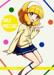  blonde_hair blush character_name hairband kise_yayoi magical_girl precure school_uniform shirono short_hair skirt smile smile_precure! solo sweater title_drop v yellow_eyes 