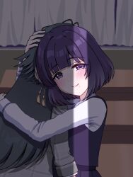  2girls absurdres blunt_bangs blush coat commentary_request crack_of_light dress_shirt gakuen_idolmaster green_hair grey_coat hataya_misuzu highres hug idolmaster indoors long_sleeves looking_at_viewer mole mole_under_mouth multiple_girls nagi_kai purple_hair shirt short_hair skirt skirt_set smile tsukimura_temari violet_eyes white_shirt yuri 