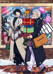  1boy 1girl beard black_coat black_dress black_hair box breath coat commentary_request dress facial_hair gift gift_box grey_coat grey_hair high_heels highres holding holding_gift mature_female mature_male musasabiop old old_man one_piece open_mouth pants shakuyaku_(one_piece) shopping short_hair silvers_rayleigh snow snowing storefront walking white_pants winter 