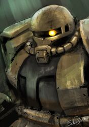  commentary_request glowing glowing_eye gundam highres looking_at_viewer magmastudio mecha mecha_focus mobile_suit mobile_suit_gundam no_humans one-eyed robot science_fiction signature solo upper_body yellow_eyes zaku_ii 