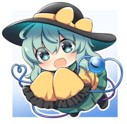  1girl :d black_hat blue_background bow chibi chibi_only frilled_sleeves frills gradient_background green_eyes green_hair green_skirt hat hat_bow hat_ribbon heart heart_of_string highres komeiji_koishi long_hair long_sleeves open_mouth rapameri ribbon shirt skirt sleeves_past_fingers sleeves_past_wrists smile solo third_eye touhou white_background wide_sleeves yellow_bow yellow_ribbon yellow_shirt 