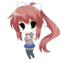  1girl 2000s_(style) black_thighhighs blue_skirt blush book bow brown_hair chibi chibi_only commentary doki_doki_literature_club doki_doki_literature_club_school_uniform english_commentary faux_retro_artstyle full_body green_eyes hair_bow highres holding holding_book holding_pen jacket jelly_(bonnybel) long_hair looking_at_viewer merchandise_available monika_(doki_doki_literature_club) outstretched_hand pen ponytail procreate_(medium) school_uniform sidelocks simple_background skirt smile solo thigh-highs very_long_hair white_background white_bow 