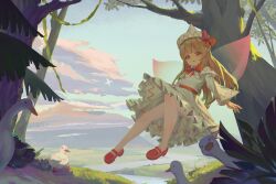  1girl bird blonde_hair blue_sky bow bowtie capelet chinese_commentary clouds commentary_request day dress duck fairy fairy_wings frilled_dress frills hat hat_bow highres lily_white long_hair long_sleeves looking_at_viewer mei_lian_chun_xue open_mouth outdoors pantyhose red_bow red_bowtie red_eyes sky smile solo touhou tree white_bird white_capelet white_dress white_hat white_pantyhose wings 