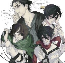  2boys 2girls armin_arlert black_hair black_jacket blonde_hair breasts brown_hair bruise bruise_on_face chibi chibi_inset clenched_teeth cloak collared_shirt crying eren_yeager eyepatch glasses green_cloak grey_shirt hair_between_eyes hair_bun hand_in_own_hair hand_to_own_mouth hange_zoe highres holding holding_weapon injury itisackkerman jacket korean_text light_smile medium_breasts mikasa_ackerman multiple_boys multiple_girls paradis_military_uniform parted_lips red_scarf scar scar_on_cheek scar_on_face scarf shingeki_no_kyojin shirt short_hair sweat tears teeth updo upper_body weapon white_background white_shirt 