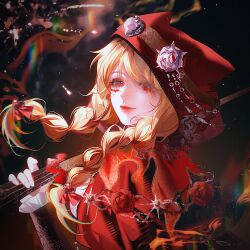  1girl animal_ear_hood animal_ears arm_warmers asymmetrical_eyewear black_arm_warmers black_background blonde_hair bow braid brown-framed_eyewear chain chinese_commentary cloak closed_mouth commentary_request eyelashes eyes_visible_through_hair facepaint fire floating_hair floral_print flower flower-shaped_eyewear frilled_arm_warmers frills goggles goggles_on_headwear gun hair_bow hair_ornament hair_over_shoulder happy heart heart-shaped_eyewear heart_hair_ornament highres holding holding_gun holding_weapon hood hood_up hooded_cloak infinity_nikki lang_yuan light_particles lipstick long_hair looking_at_viewer loose_hair_strand makeup musket nikki_(series) nostrils over_shoulder pink_lips pointy_nose print_cloak red_bow red_cloak red_eyes red_flower red_rose rose rose_print she_is_wildfire_(infinity_nikki) shirt smile solo swept_bangs twin_braids upper_body very_long_hair weapon weapon_over_shoulder white_flower white_rose white_shirt wolf_ears 