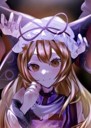  1girl blonde_hair closed_mouth commentary_request disembodied_hand gap_(touhou) hair_between_eyes hanasakireimei hat hat_ribbon looking_at_viewer mob_cap purple_tabard red_ribbon ribbon smile solo tabard touhou white_hat yakumo_yukari yellow_eyes 