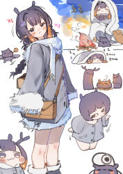  1girl :3 absurdres alternate_costume bag boots braid campfire center-flap_bangs chibi chocosong coat commentary double-parted_bangs fur-trimmed_boots fur-trimmed_coat fur_trim gradient_hair grey_coat heart heart_in_eye highres hololive hololive_english korean_text long_hair looking_at_viewer low_twin_braids lying multicolored_hair ninomae_ina'nis on_stomach orange_hair pointy_ears purple_hair scarf shoulder_bag sidelocks sitting sleeping sleeves_past_wrists standing symbol_in_eye takodachi_(ninomae_ina'nis) tentacle_hair translation_request twin_braids variations virtual_youtuber white_scarf zzz 