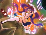  beetle bow bracelet breasts cave cave_(developer) crybringer elbow_gloves erect_nipples explosion flying gloves green_eyes hair_bow headdress highres jewelry long_hair midriff mushihime-sama mushihime-sama_futari navel open_mouth purple_hair reco reko riding skirt slender_waist sweat thigh-highs thighhighs twintails very_long_hair white_gloves white_legwear 