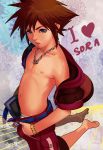  barefoot belt blue_eyes bracelet brown_hair character_name english highres jacket jewelry kingdom_hearts male necklace open_pants solo sora_(kingdom_hearts) sweat tongue tongue_out topless underwear undressing 