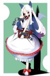  albino black_sclera bubble_skirt dress green_background horns long_hair pale_skin phantom_kingdom pointy_ears pram red_eyes saikoro0306 shoes smile solo white_hair zetta 