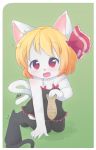  alternate_costume animal_ears black_legwear blonde_hair blush cake cat cat_ears cat_tail child cub dragonz dress fang fish food furry hair_ribbon highres offering open_mouth red_eyes ribbon rollingswitch rumia short_hair smile solo tail thighhighs touhou whiskers youkai 