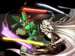  cape cell_(dragon_ball) crossover dragon_ball dragon_ball_z dragonball_z duel energy_sword extra_arms general_grievous lightsaber lost-tyrant multiple_arms pale_skin perfect_cell punching star_wars sword weapon yellow_eyes 