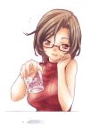  bare_shoulders blush brown_eyes brown_hair chin_rest glass glasses holding ice ice_cube kawagoe_pochi looking_at_viewer meiko open_mouth ribbed_sweater short_hair simple_background sleeveless sleeveless_turtleneck solo sweater turtleneck vocaloid water 