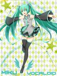  appleruby argyle argyle_background character_name detached_sleeves green_eyes green_hair hatsune_miku highres long_hair necktie outstretched_arms skirt solo spread_arms star thigh-highs thighhighs twintails very_long_hair vocaloid 