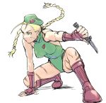  bare_shoulders beret blonde_hair boots braid cammy_white fingerless_gloves gloves green_eyes hat kneeling knife long_hair solo street_fighter street_fighter_ii twin_braids ueyama_michirou 