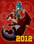  2012 blue_hair dragon dragon_quest dragon_quest_iii dress long_hair priest_(dq3) red_background red_eyes riding yukimiya_chino 