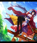  black_hair black_legwear breasts cape dutch_angle fan folding_fan hat hat_tip highres japanese_clothes leaf letterboxed long_hair obi pixiv_fantasia pixiv_fantasia_sword_regalia ryuuzaki_itsu sandals sheath sheathed sitting sitting_on_torii smile solo sword thigh-highs thighhighs torii weapon yellow_eyes 