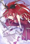  bow chain chains eating hair_bow highres kuronyan magical_girl mahou_shoujo_madoka_magica mouth_hold pocky polearm ponytail red_eyes red_hair redhead sakura_kyouko solo spear weapon 