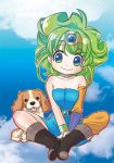  asymmetrical_clothes blue_dress boots child circlet dog dragon_quest dragon_quest_iv dress green_hair heroine_(dq4) sky smile strapless_dress tongue yukimiya_chino 