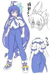  1girl ass blue_eyes blue_hair bust demon_tail gomamiso_sti highres long_hair looking_at_viewer miwajou original simple_background smile solo tail translation_request turnaround very_long_hair white_background 