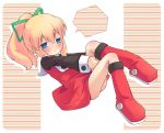  blonde_hair blue_eyes blush boots dress frown long_hair mizuno_mumomo no_nose ponytail red_dress rockman rockman_(classic) roll skirt solo striped striped_background 