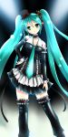  alice360 aqua_eyes aqua_hair bare_shoulders choker detached_sleeves hand_on_hip hat hatsune_miku headset highres hips long_hair mini_top_hat necktie skirt smile solo thigh-highs thighhighs top_hat twintails very_long_hair vocaloid zettai_ryouiki 