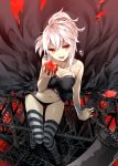  apple arm_support bandage bandages bare_shoulders black_dress chain chains dress fang food fruit looking_at_viewer mogumo navel open_mouth original ponytail red_eyes scythe short_hair silver_hair sitting skull solo striped striped_legwear thigh-highs thighhighs torn_clothes 